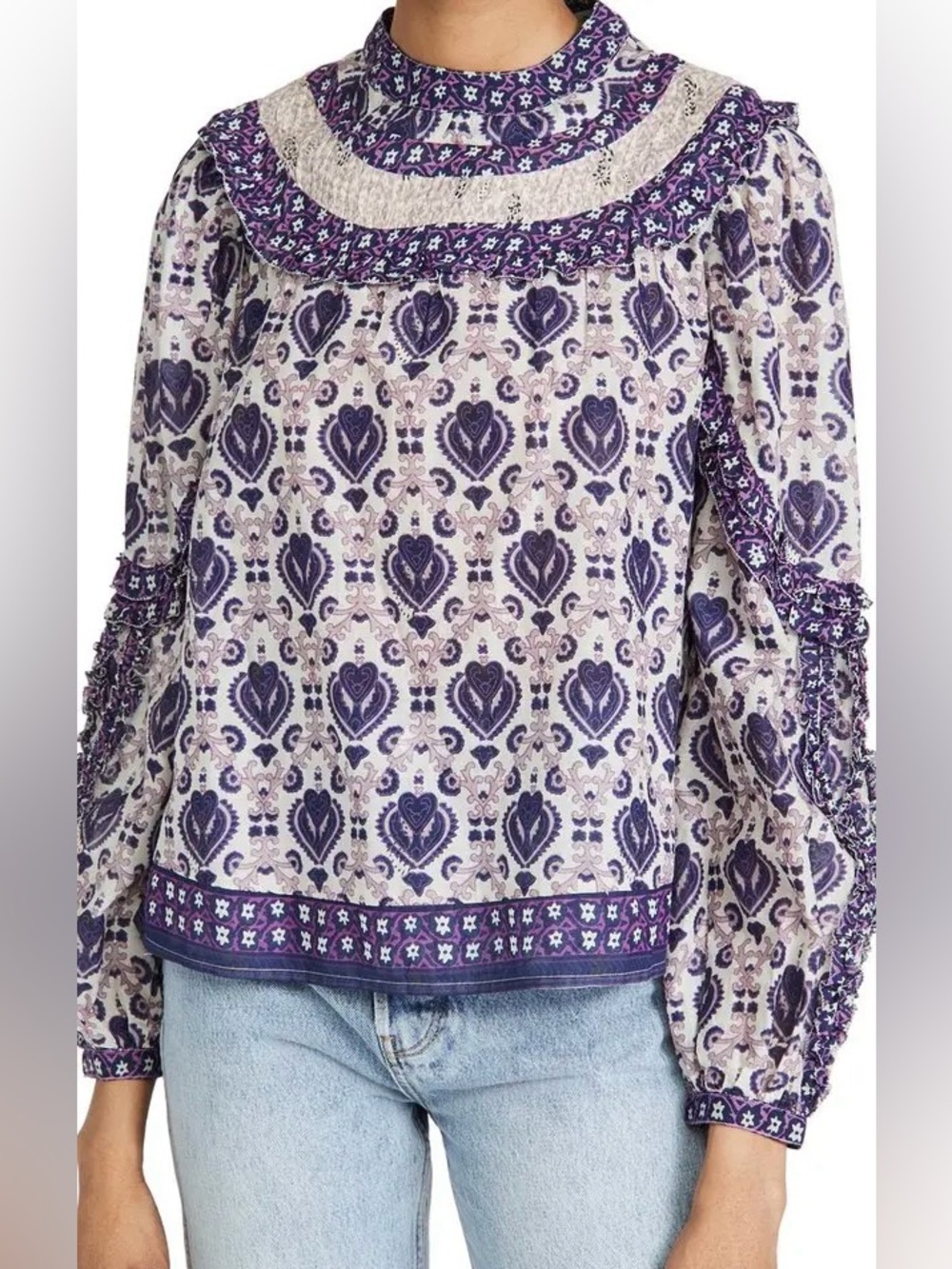 Sea New York Purple Paisley Print Long-Sleeve Brigitte Border Blouse | M